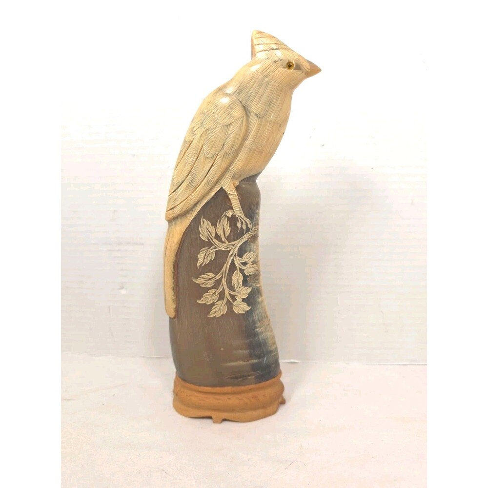 Vintage 11" Carved Water Buffalo Horn Hand Carved Bird Sculpture Woodbase